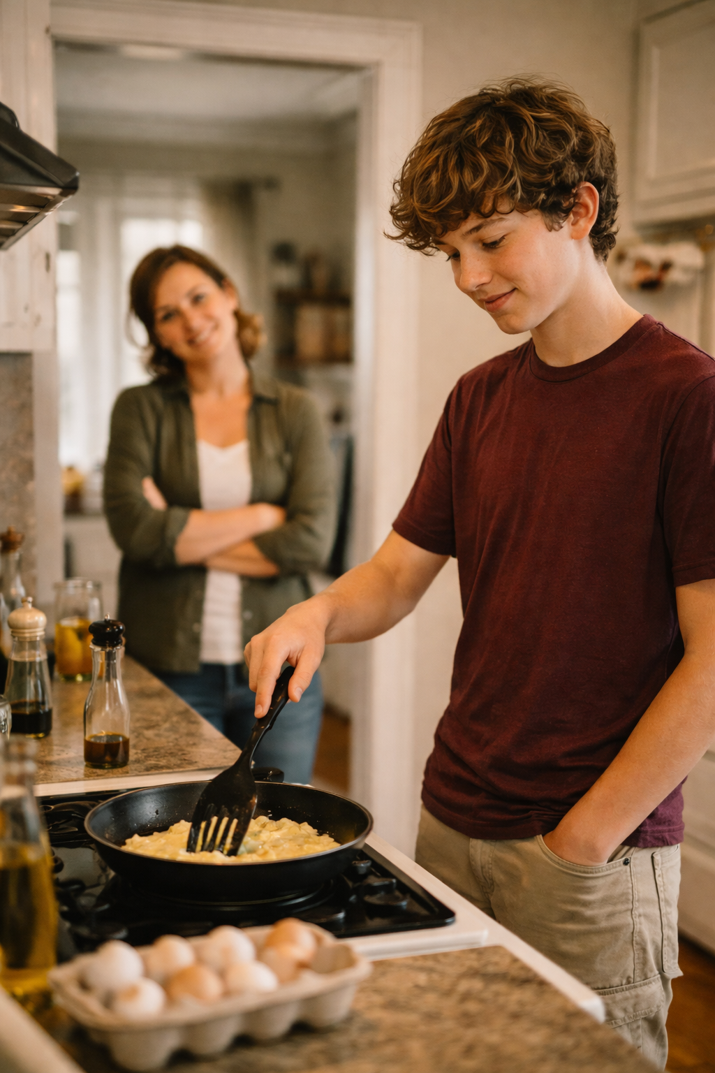 Tenåring som tørker en benk mens forelderen gir tommelen opp